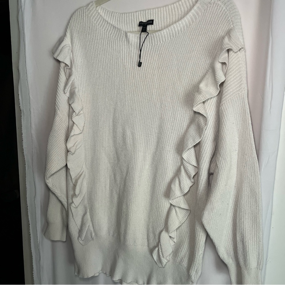 Express Women’s Sweater Sz L Rufffled Drop Sleeve White Cuffed 2018 Cotton - Picture 6 of 14